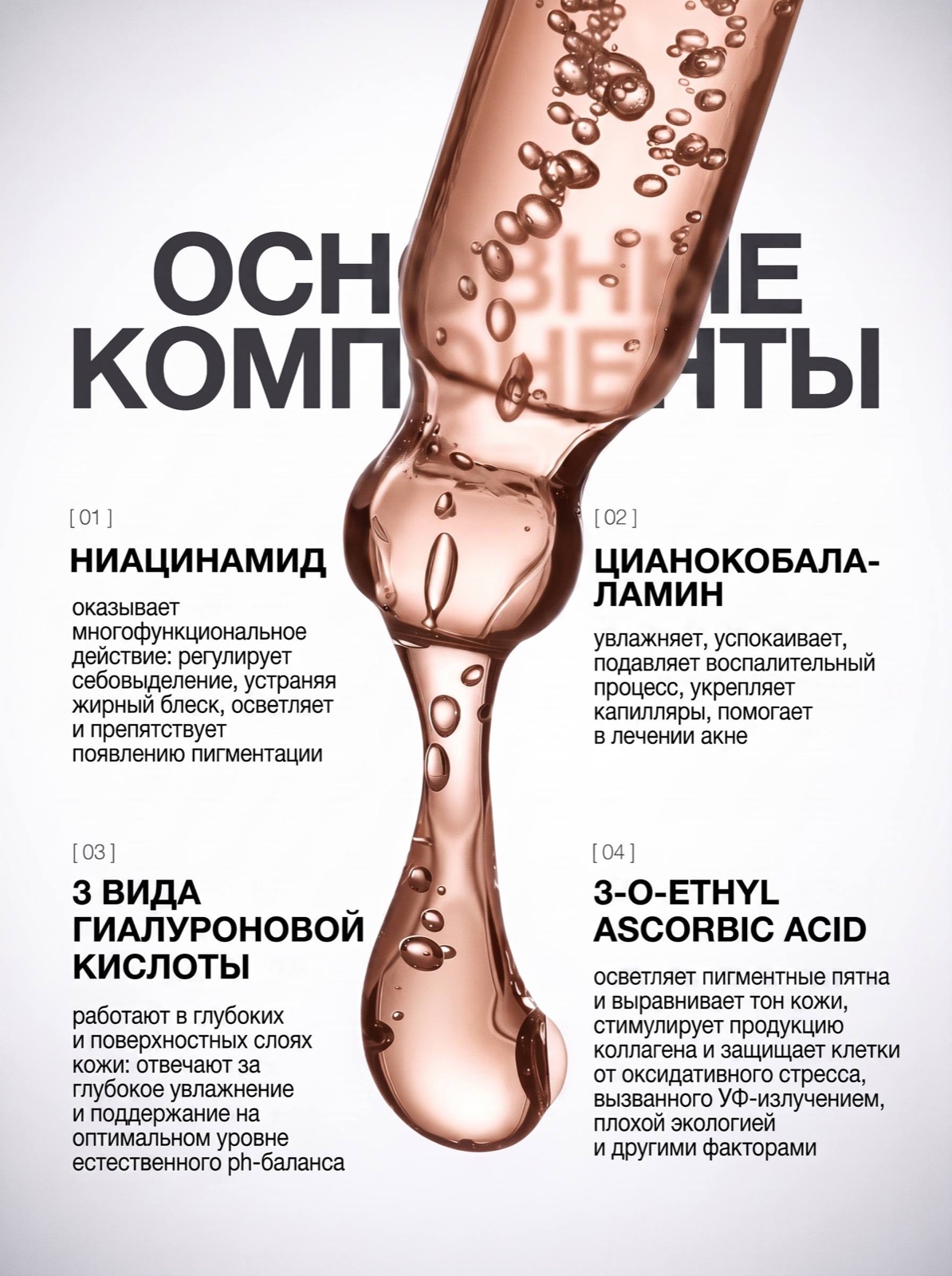 Инфографика основные компоненты сыворотки: ниацинамид, гиалуроновая кислота